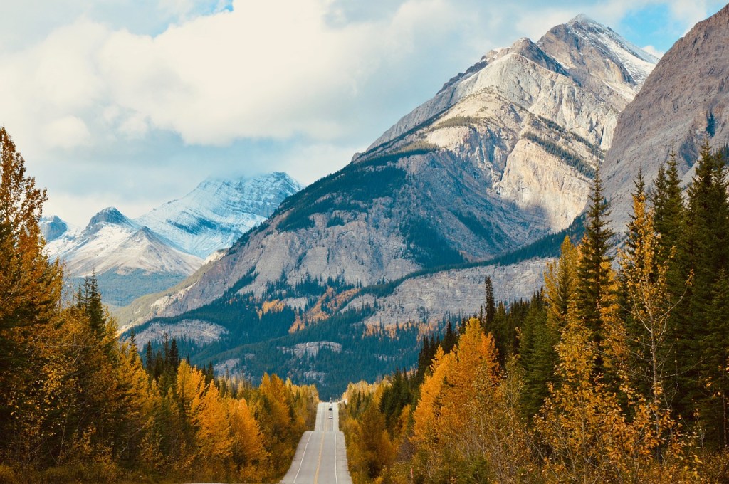 Foto da estrada Icefield Parkway, no Canadá, com o Monte Coleman de fundo